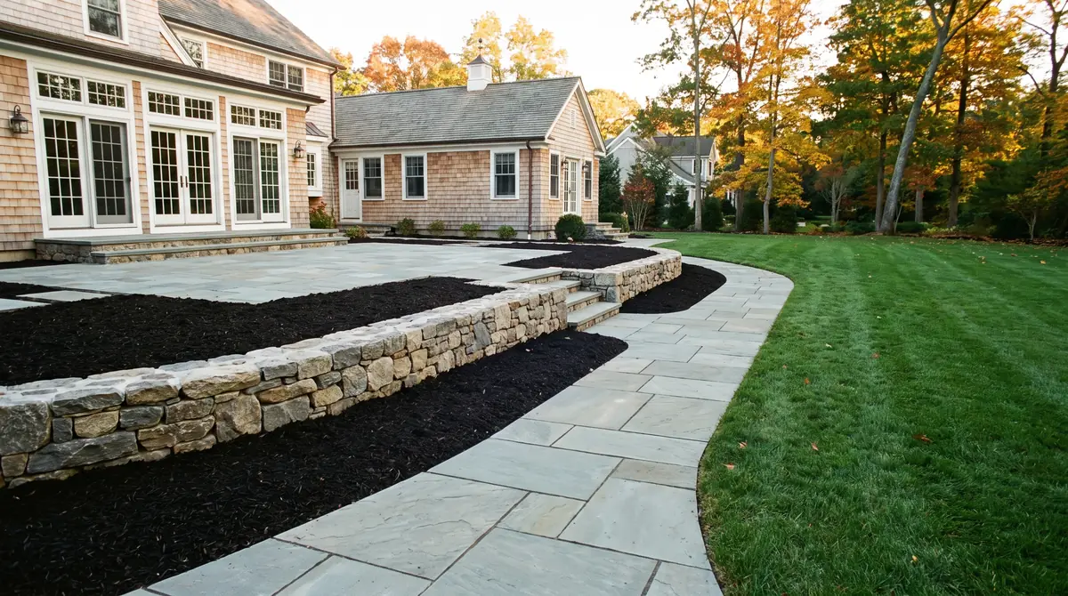 Bluestone patio and stone retaining wall with fresh mulch beds