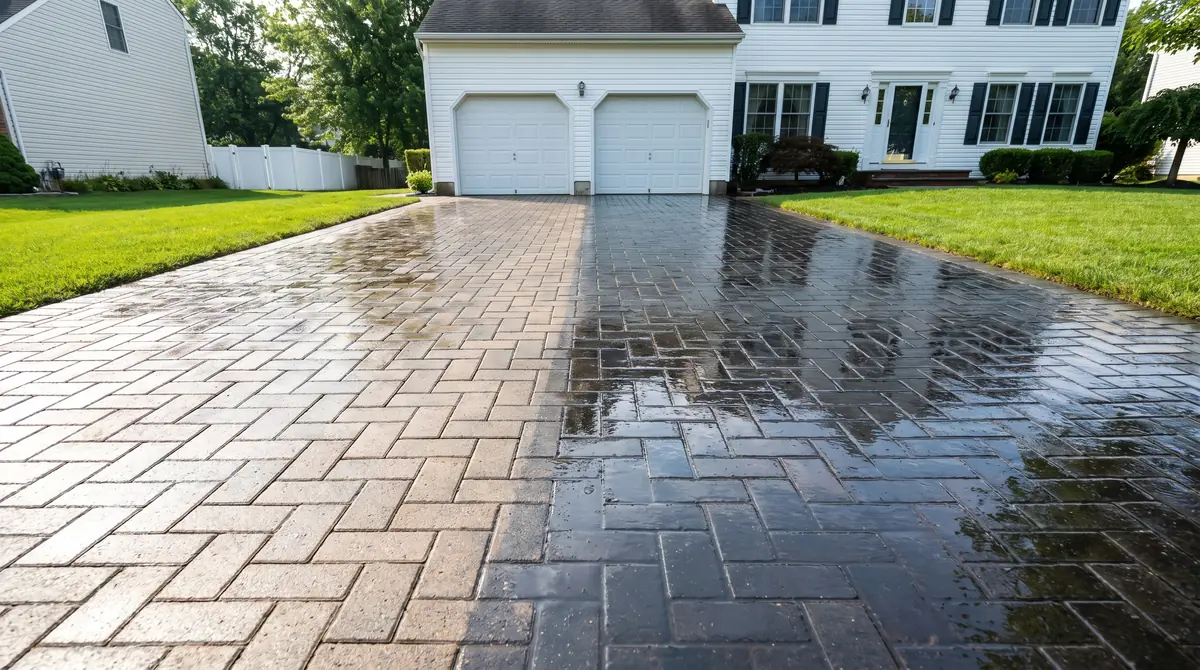 Freshly pressure washed paver driveway